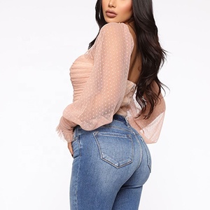 <span class=keywords><strong>Blusa</strong></span> de gasa de encaje transpirable para mujer, camisa de <span class=keywords><strong>manga</strong></span> larga <span class=keywords><strong>con</strong></span> estampado de lunares personalizados, cruzado en el pecho, ombligo desnudo, fruncido - Product Image 3