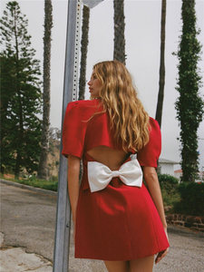 Personalizzazione Oem a sbuffo maniche corte a vita alta con scollo a V di alta qualità da donna collo <span class=keywords><strong>grande</strong></span> con fiocco posteriore doppiopetto Mini <span class=keywords><strong>abito</strong></span> da donna - Product Image 5