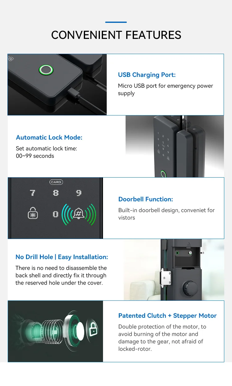 Tediton High Quality Password Key TTlock APP Remote Doorbell Fingerprint Digital Glass Smart Door Lock