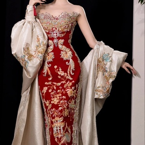 Women's Strapless Chinese Embroidery Wedding Gown - <b>Red</b> Velvet & Satin Train Evening Dresses Fashion - Product Image 6