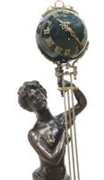 Statue antique mystérieuse en bronze de la déesse Juno, globe bleu de 9 pouces, bras oscillant en laiton, horloge mécanique de table/horaire