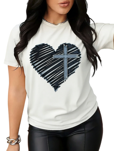 T-shirt da donna a maniche corte per San Valentino, stampa cuore incrociato, girocollo, casual, 100% cotone, traspirante e leggera - Product Image 1