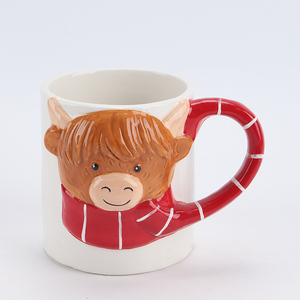 Taza <span class=keywords><strong>de</strong></span> Café <span class=keywords><strong>de</strong></span> Cerámica con Diseño <span class=keywords><strong>de</strong></span> Vaca Highland 3D con Bufanda Roja, Taza <span class=keywords><strong>de</strong></span> Té con Leche Pintada a Mano con Forma <span class=keywords><strong>de</strong></span> Animal para Regalos con Temática Escocesa - Product Image 1