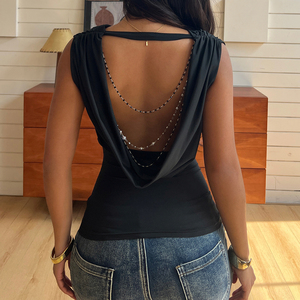 Dark Punk Style V-neck Ruched Backless Chain Embellished Breathable <b>Patchwork</b> Knitted Women's Sleeveless Tank <b>Top</b> - Product Image 6