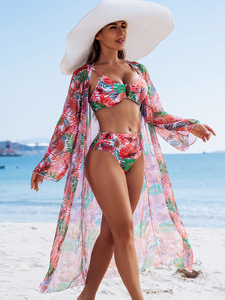 PASUXI Conjunto de Biquíni Feminino 3 Peças com Saída de Praia Estampa Floral Amarelo Traje de Banho Moda Praia - Product Image 3