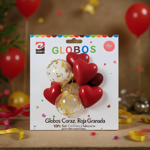 Lot de 10 ballons en forme de cœur rouge grenade avec ruban et adhésif pour fêtes - Product Image 1