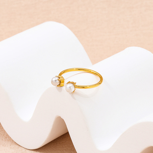Hochwertige 18K PVD vergoldete 2 Frischwasserperlen offener Ring Edelstahl damen tarnfreier modischer Schmuck - Product Image 4