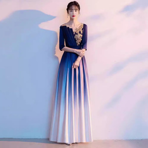 Women's Long Evening Gown Royal Blue Gradient Choir Stage <b>Performance</b> Dress Adult Formal <b>Wear</b> Polyester Fabric - Product Image 4