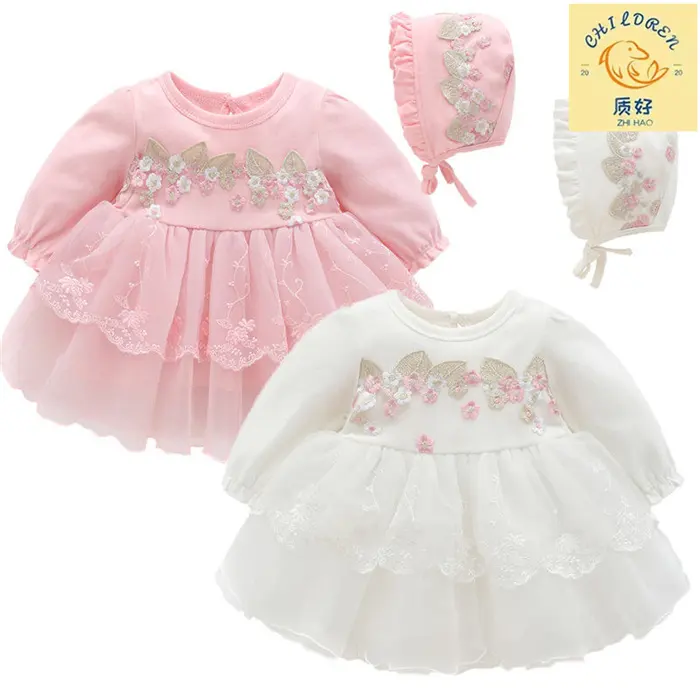 Hot Style Newborn Princess Tutu Dress Embroidery Floral Lace Cute Baby Girls Party Dress With Hat