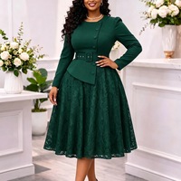 Robe de soirée grande taille effet deux pièces, manches longues, ceinturée, style peplum, en dentelle florale, coupe trapèze, vente en gros