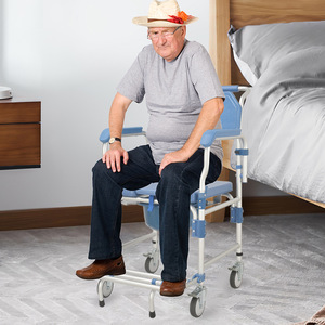 Wheeled <b>Commode</b> <b>Chair</b> With Brakes And Flip Up Armrests For Elderly Indoor Use - Product Image 1
