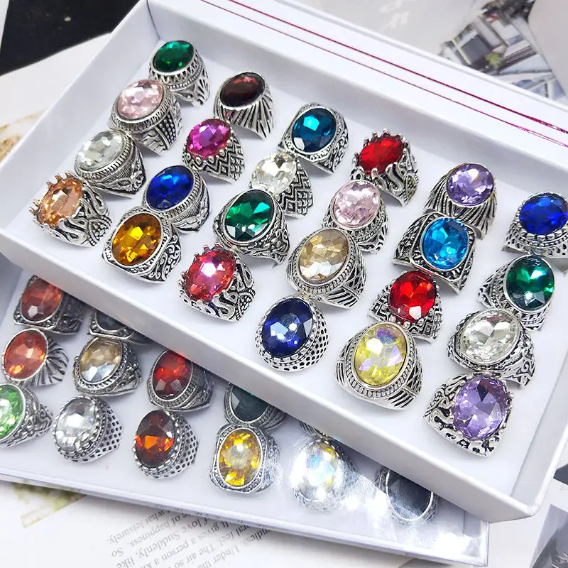 Wholesale Men's Ring Geometric Stone Metal Inlaid Ring Crystal Gem Glass Stall Night Market Finger Ring 2022