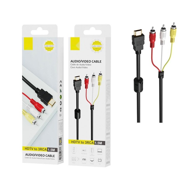 cable adaptador hdmi - hdmi a 3 rca, 1.5 m de longitud, color negro, ideal para conexiones de audio y video.