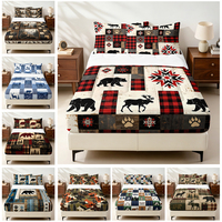 Parure de lit rustique style campagnard avec motif patchwork à carreaux buffle et ours, drap-housse zippé et 2 taies d'oreiller