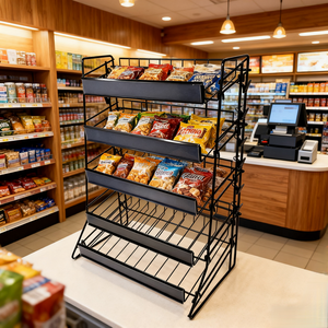 Présentoir <span class=keywords><strong>à</strong></span> bonbons de comptoir noir Snack & Chip Stand avec 5 étagères inclinées et 12 pinces <span class=keywords><strong>à</strong></span> croustilles - Product Image 1