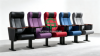 Chaise d'auditorium pour salle de conférence avec appui-tête contrastant, accoudoir et tablette d'écriture pliable