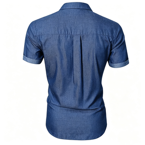 Chemises en chambray à manches courtes pour hommes, coupe ajustée, couleur unie, col à revers, boutonnées, style workwear, avec poche poitrine, vente en gros sur mesure - Product Image 4