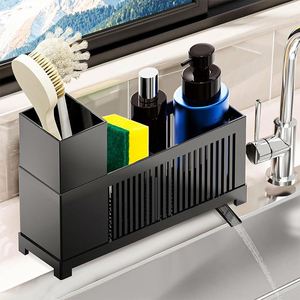 2-In-1 Kitchen Over Under Sink Storage Sponge Holder Faucet Rack Shelf Soap <b>Plastic</b> Faucet Rack With Draining Tray - Product Image 1