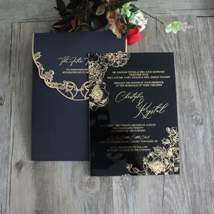 Invitations acryliques de mariage chic noir de luxe douche nuptiale en feuille d'or avec des cartes d'invitation d'anniversaire à motif d'orchidée carte de menu