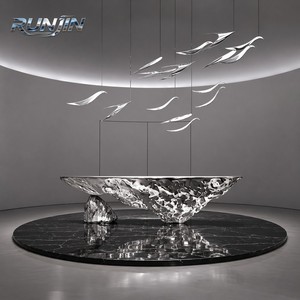 RUNJIN RJ-261 Sculpture d'art métallique en acier inoxydable poli miroir, moderne, d'intérieur, grande taille, représentant un oiseau en vol et un pêcheur, faite à la main - Product Image 3