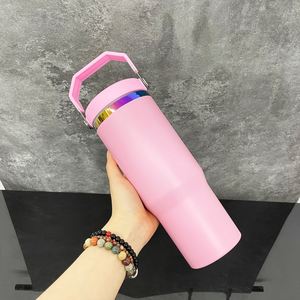 แก้วน้ำเก็บความเย็นสแตนเลสเคลือบสีรุ้งแบบซับลิเมชั่น ขนาด 30 ออนซ์ สีมาการอง พร้อมหูหิ้วพกพาและหลอดดูดแบบพับได้ - Product Image 4