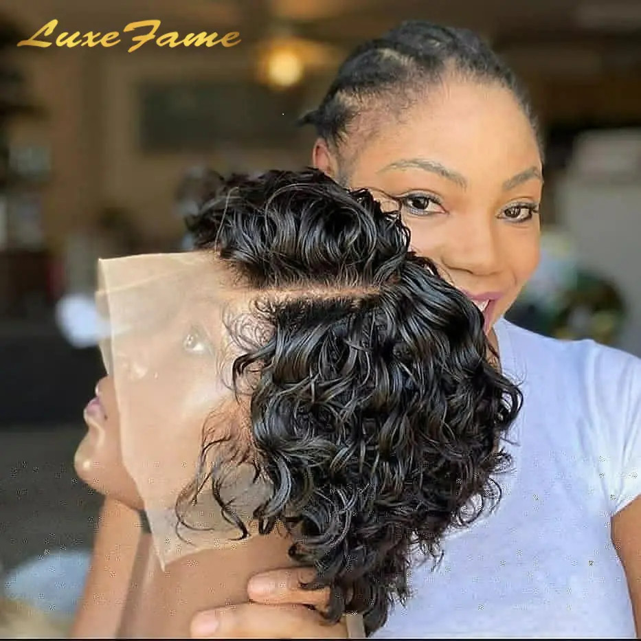 Perruque Wig Keriting Potongan Pixie Renda 13X4 Murah, Wig Brasil Pendek Renda Hd untuk Wanita Warna Hitam