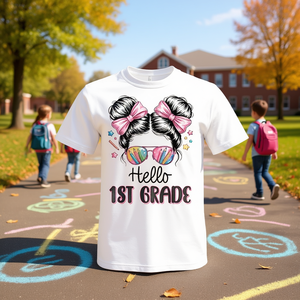 Camiseta para niñas de primer grado con diseño de lazo para el pelo y gafas de sol, regreso a clases - Product Image 3