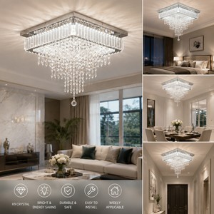 โคมไฟระย้าคริสตัล LED ทรงสี่เหลี่ยมทันสมัยพร้อมหยดน้ำสำหรับไฟห้องนอน แสงสีขาว ติดตั้งบนพื้นผิว - Product Image 2