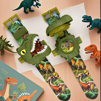 Montre en plastique avec projection de dinosaures, design amusant de dessin animé - Lampe torche électronique noire pour les enfants de 4 à 12 ans