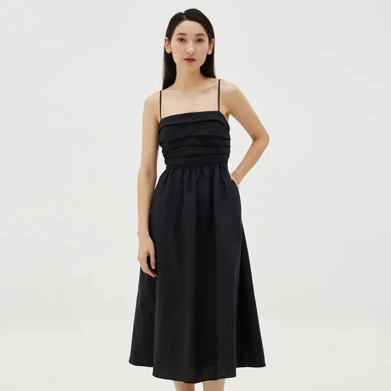 Vestido midi de lino con tirantes finos para mujer, corpiño fruncido elegante e informal