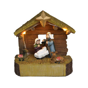 Décoration de jardin LED Crèche Crèche Scène Set Noël <span class=keywords><strong>Maison</strong></span> en bois catholique Statue peinte en résine Sculpture d'extérieur Artisanat - Product Image 1