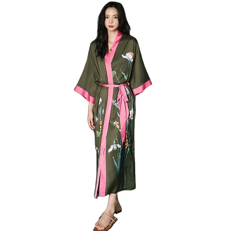 Roupão kimono feminino luxuoso de malha longa, casual e macio de cetim de seda, leve, de luxo personalizado, 2022