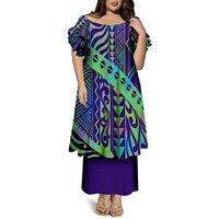 Nouvelle robe longue verte à imprimé samoan, sur mesure, grande taille, pour femmes, épaules dénudées, manches courtes, robe polynésienne Puletasi, ensemble deux pièces