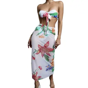 New style bikini three-piece suit printed mesh long skirt fashion sexy women's swimsuit