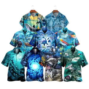 2023 nouveaux hommes chemise hawaïenne océan poisson imprimé hauts à la mode à manches courtes en vrac Style hawaïen revers col boutonné chemises