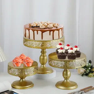 Custom Speciaal Ontwerp Metalen Display Cupcake Plaat Voor Dessert Bruiloft Verjaardag Bedrijf Ronde Goud 3 Stuks Cake Stand Set