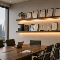 Étagère de bureau en bois véritable sur mesure de 15 pouces de profondeur avec éclairage LED intégré pour la présentation de certificats et de trophées dans les salles de réunion