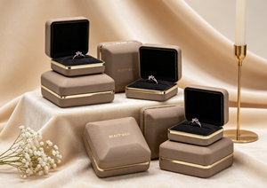 High-End Square <b>Box</b> with Faux Leather Wrapping Gold Trim Flip Cover Soft <b>Black</b> Velvet Lining Magnetic Closure Customizable - Product Image 5