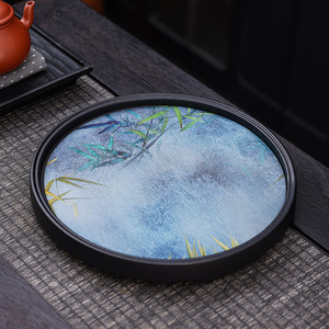 Plateau à thé en céramique de style chinois, rond, noir, avec motif de ginkgo, réutilisable pour service à thé, usage domestique - Product Image 4