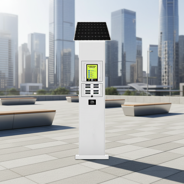 Solar-Powered 8000mAh Power Bank Rental Station Outdoor Solar Charging Vending Kiosk LCD Display Type-C Micro USB Outputs