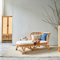 Sofá Cama Chaise Longue de Ratán Natural Estilo Japandi, Muebles de Salón, Sofá Interior con Cojín para Dormitorio o Balcón
