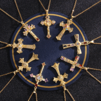 Kalung Salib Batu Permata Multiwarna Gaya Retro Baroque OEM, Anti Air, Liontin Religius Kristen, Grosir