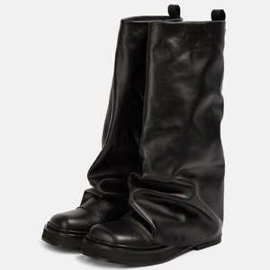 Botas Altas de Mujer con Suela Gruesa, Parte Superior Holgada, Tacón Plano de Cuero, Punta Cuadrada, Estilo Holgado, Ajuste Ancho - Product Image 5