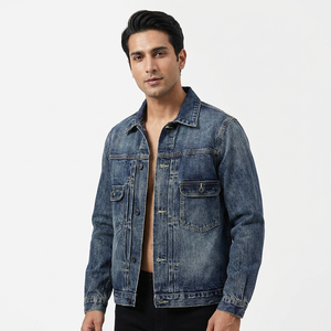 Parche de cuello de estilo único Bomber Pilot Blue Denim Jacket Hombres Jeans Abrigos Motocicleta Casual Outwear Ropa - Product Image 1