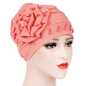 Grosir Aksesori Wanita Musim Semi Pita Rajutan Warna Solid Hijab Turban Headwraps Topi Wanita Muslim Mutiara Topi Lainnya