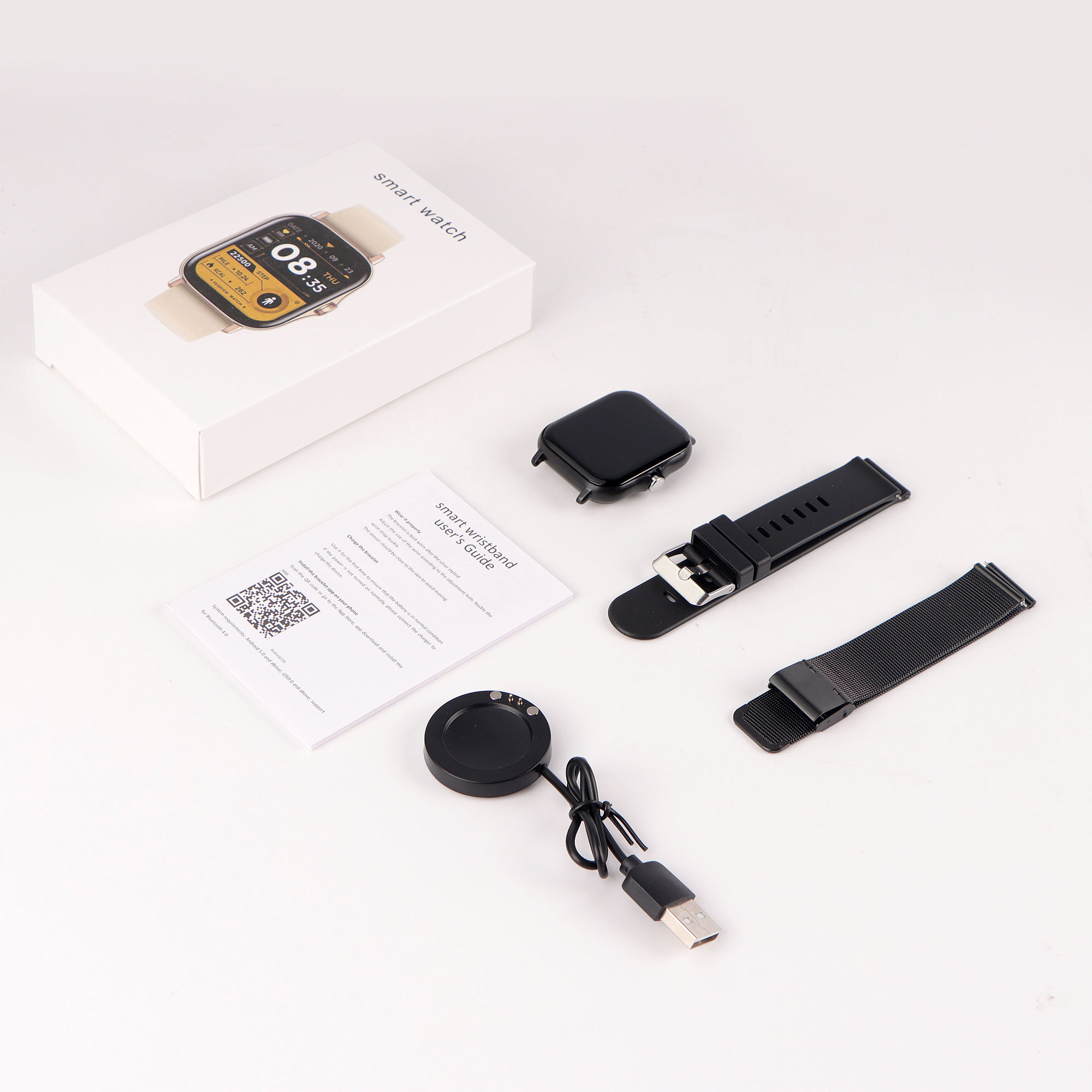 Orologio nero da 1.83 pollici + cintura 2 (acciaio nero + gel di silice)