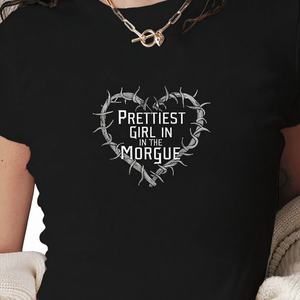 Camiseta corta ajustada de punto con estampado Y2K para mujer Prettiest Girl in the Morgue - Product Image 1