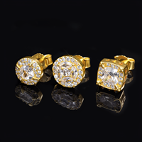 Boucles d'oreilles clous halo en argent 925 plaqué or avec pierres CZ 5A taille brillant rond pour homme, serties à griffes