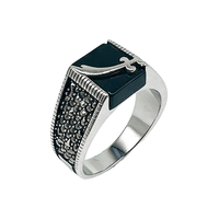 Kaanjewelry Bague d'index personnalisée pour homme en argent sterling 925 avec gravier d'agate noire incrusté, décoration métallique, large bande, style rétro, luxe léger