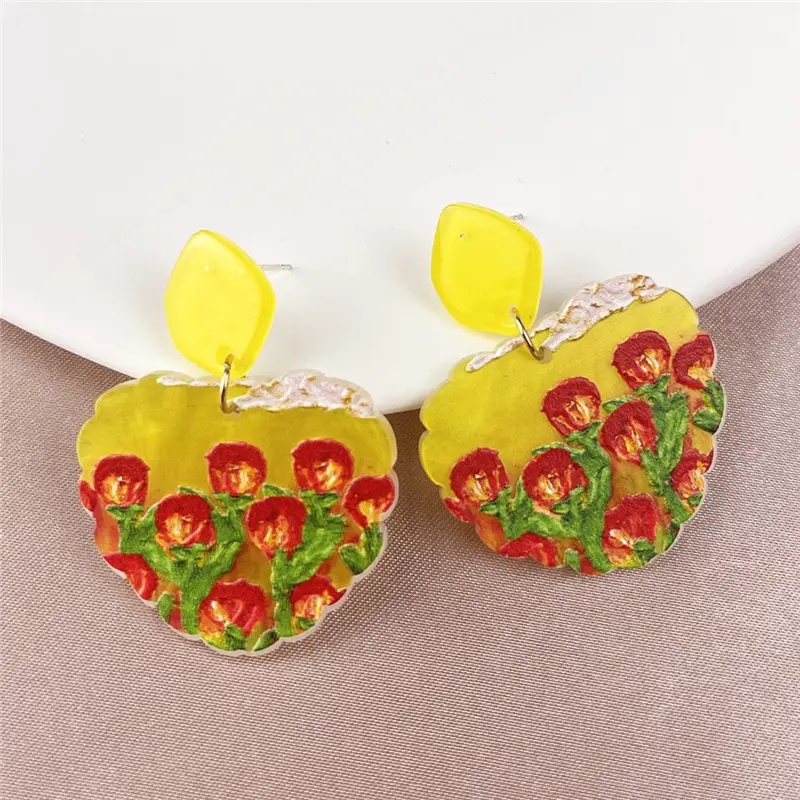 Hot Selling Pink Flower Resin Earrings Jewelry Handmade Pendant Fruit Drop Women clay Acrylic Flower Petal Earrings